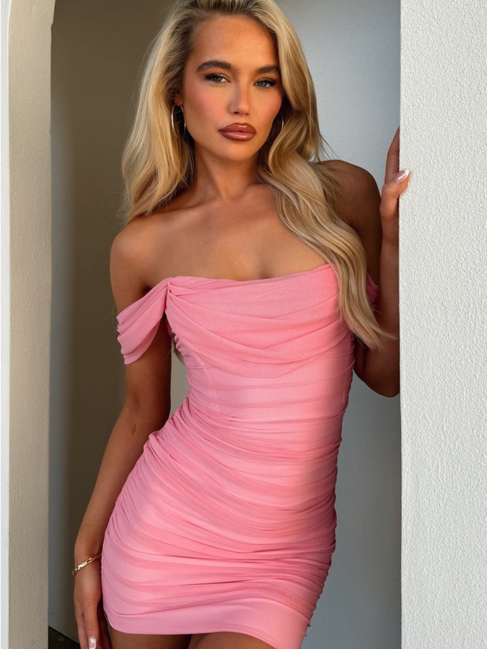 That’s So Fetch Lucinda Dress - Baby Pink Ruched Off-Shoulder